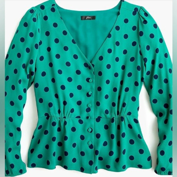 J. Crew Tops - J Crew Long Sleeve Peplum Top in Crepe Polka Dot Sz 6